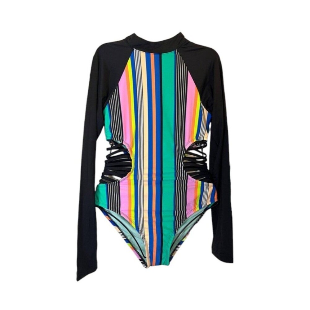 NWT Hobie Black Rashguard One Piece Swimsuit Colorful Stripes Size Medium